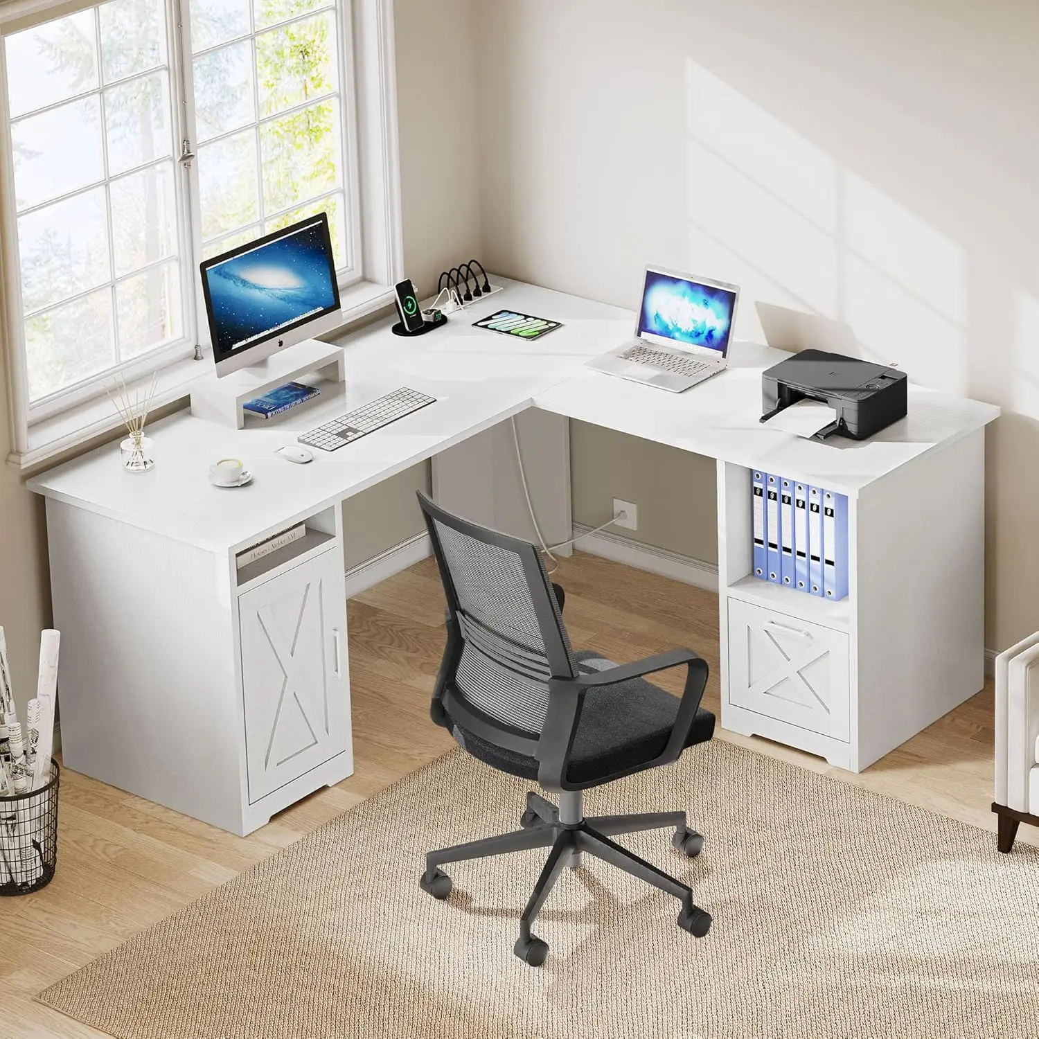 Shaped Desk with Power Outlets, 60 Inch Computer Corner with File Drawer, Home Office with Monitor Stand