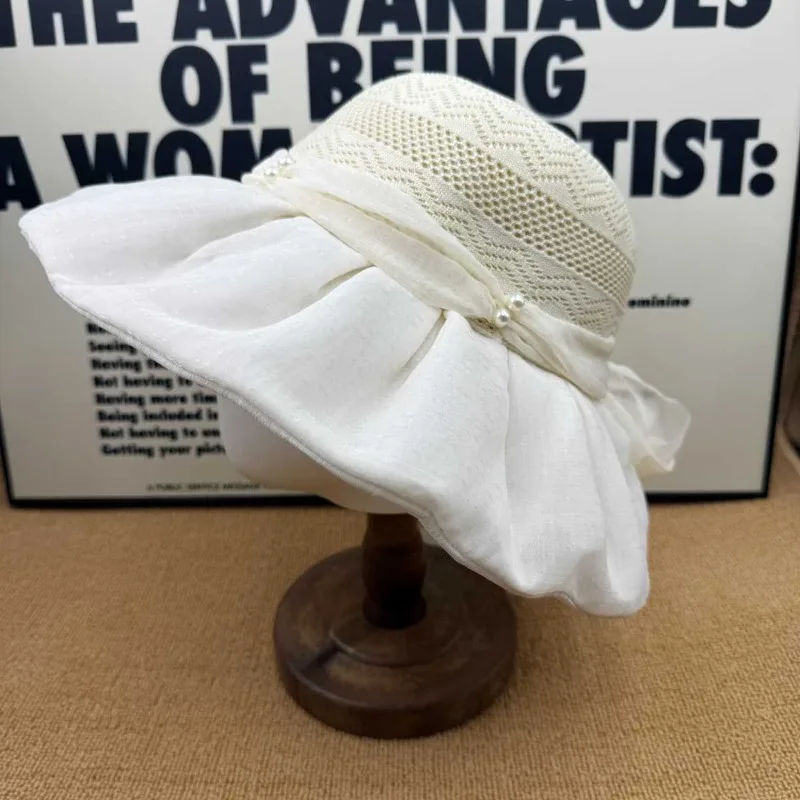 Vintage Hepburn Pearl Wide Brim Sun Hat Women Knit Splice UV Face Slim Summer Cap Gift for Mom