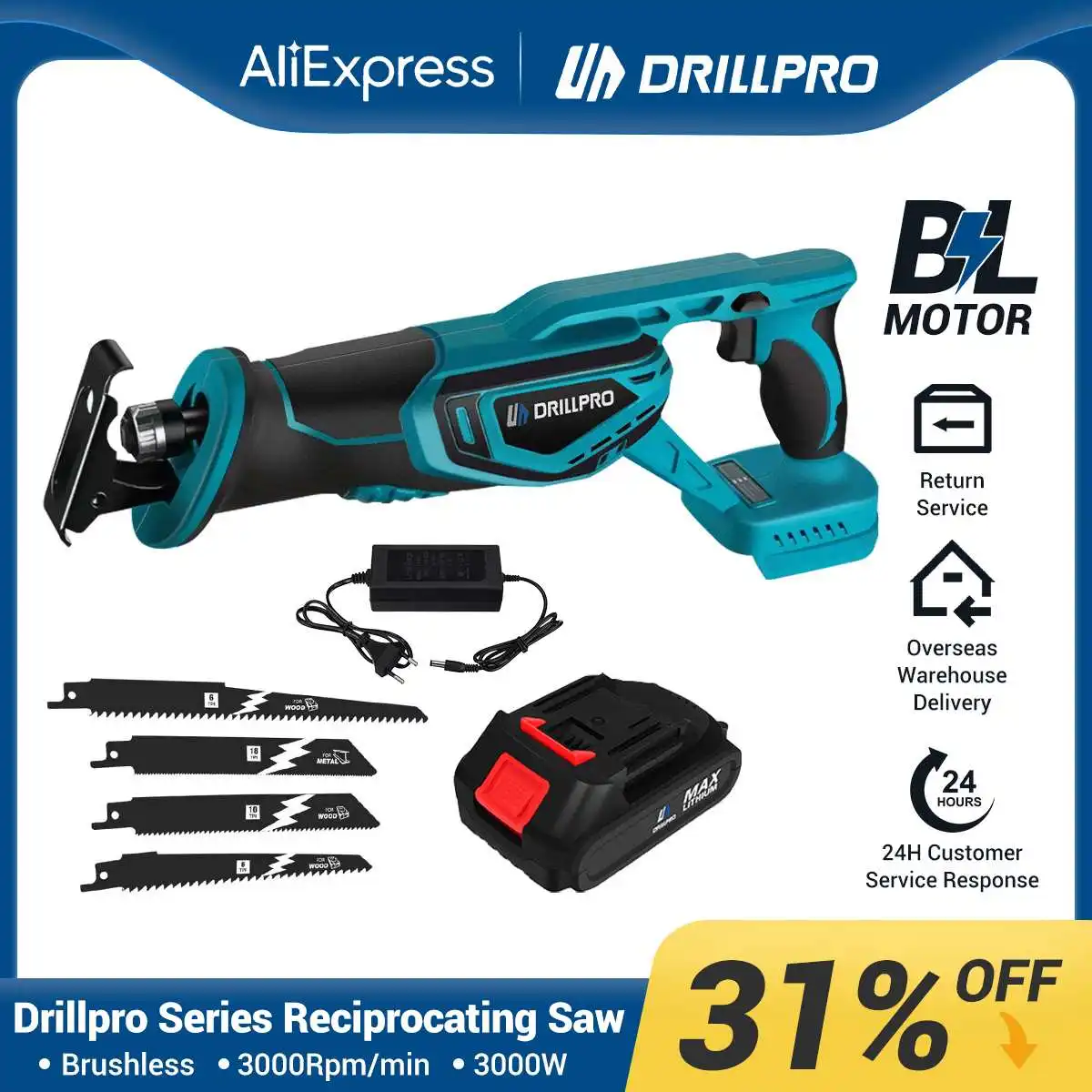 

Drillpro Electric Reciprocating Saw Wireless Wood Saw Metal Wood Pipe Cutting with 4 Blades Gardening Tools For Makita Battery