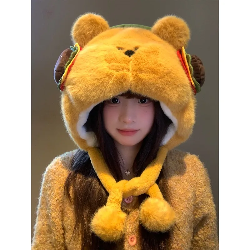 الخريف الشتاء تأثيري لطيف همبرغر الدب أفخم قبعة يندبروف بونيه الكرتون قبعة دافئة للنساء الفتيات كرنفال هدايا الحفلات