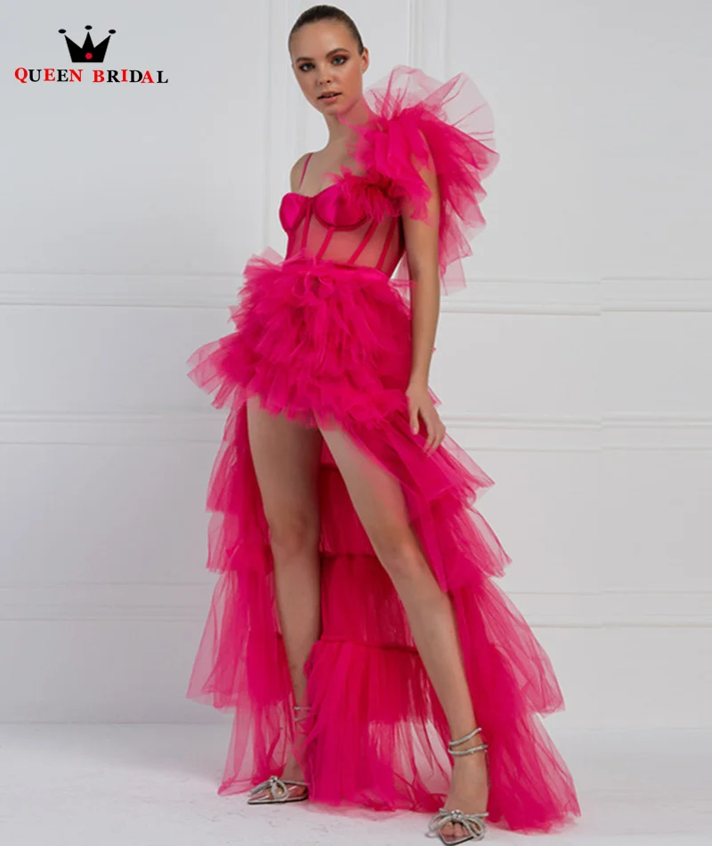 

2022 High Low Pink Prom Dress Sweetheart Spaghetti Strap Evening Dress Illusion Ruffles Formal Gown Tulle Boho vestido de festa