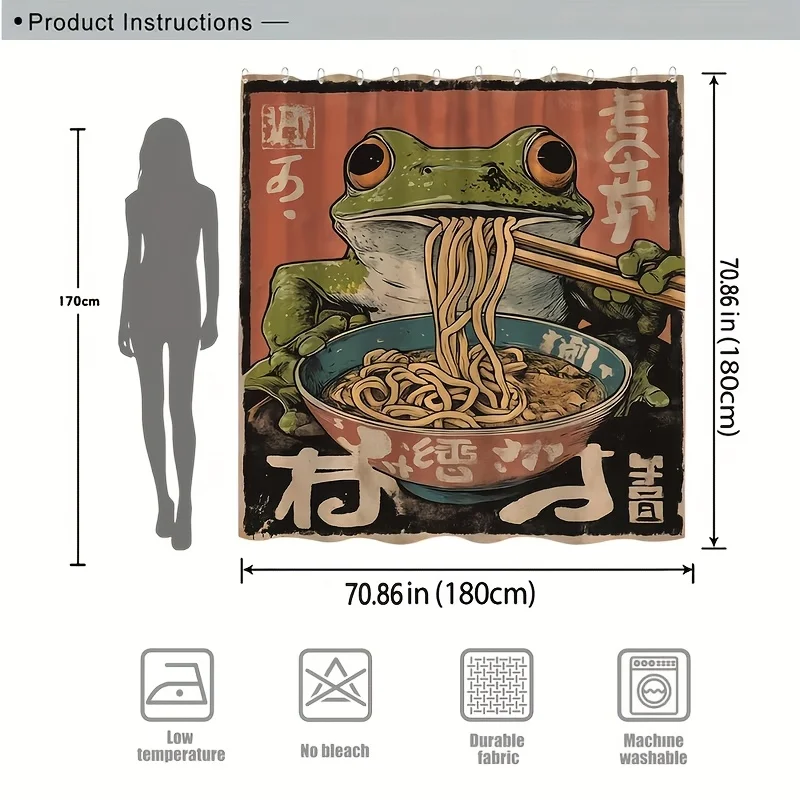 

funny frog eating ramen shower curtain japanese vintage art design for quirky bathroom decor with hooks Simple Installation