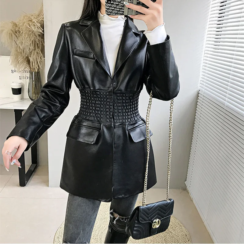 Leather Clothes Women's Spring Genuine and Autumn Medium Long Casual Slim fit Elastic Waist Sheepskin Leather Overcoat Female