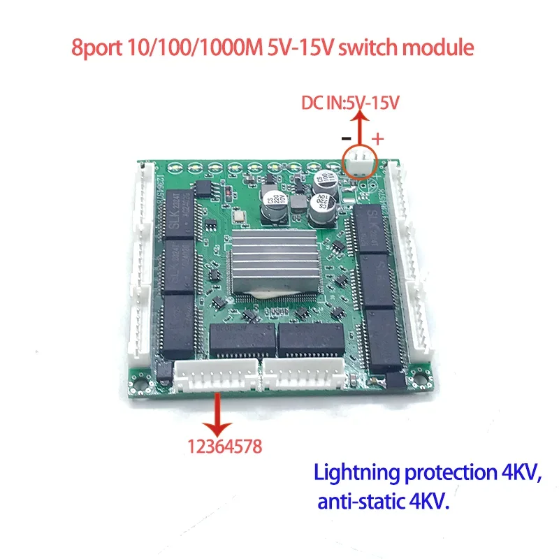 Mini Pcba 8 Poorten Networkmini Ethernet Switch Module 10/100/1000Mbps 5V-15V Bliksembeveiliging 4kv, Anti-Statische 4kv