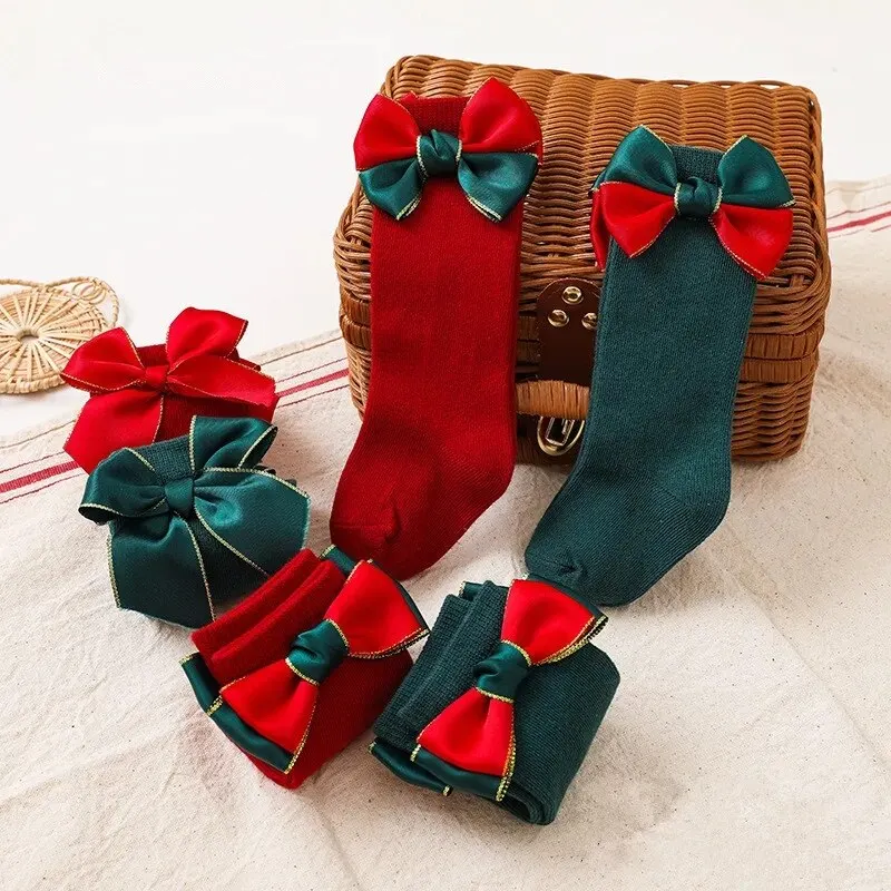 2Pairs/Lot Baby Christmas Socks Kids Girls Big Bow Red Knee High Long Sock Soft Cotton Children Newborn Gift Socken For 0-5Years