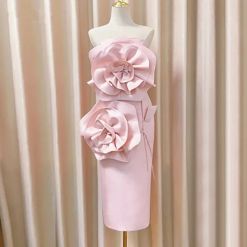 

Pink Women Prom Dress 3D Flower Strapless Short Mini Evening Party Gown Skirt Formal Office Lady Business Work Wear