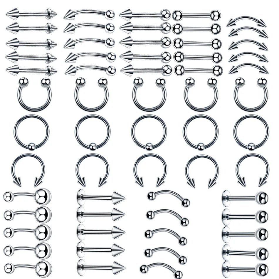 60PCS Stainless Steel Body Piercing Jewelry Set Nose Lip Eyebrow Tongue Belly Rings Curved Barbell Captive Kit