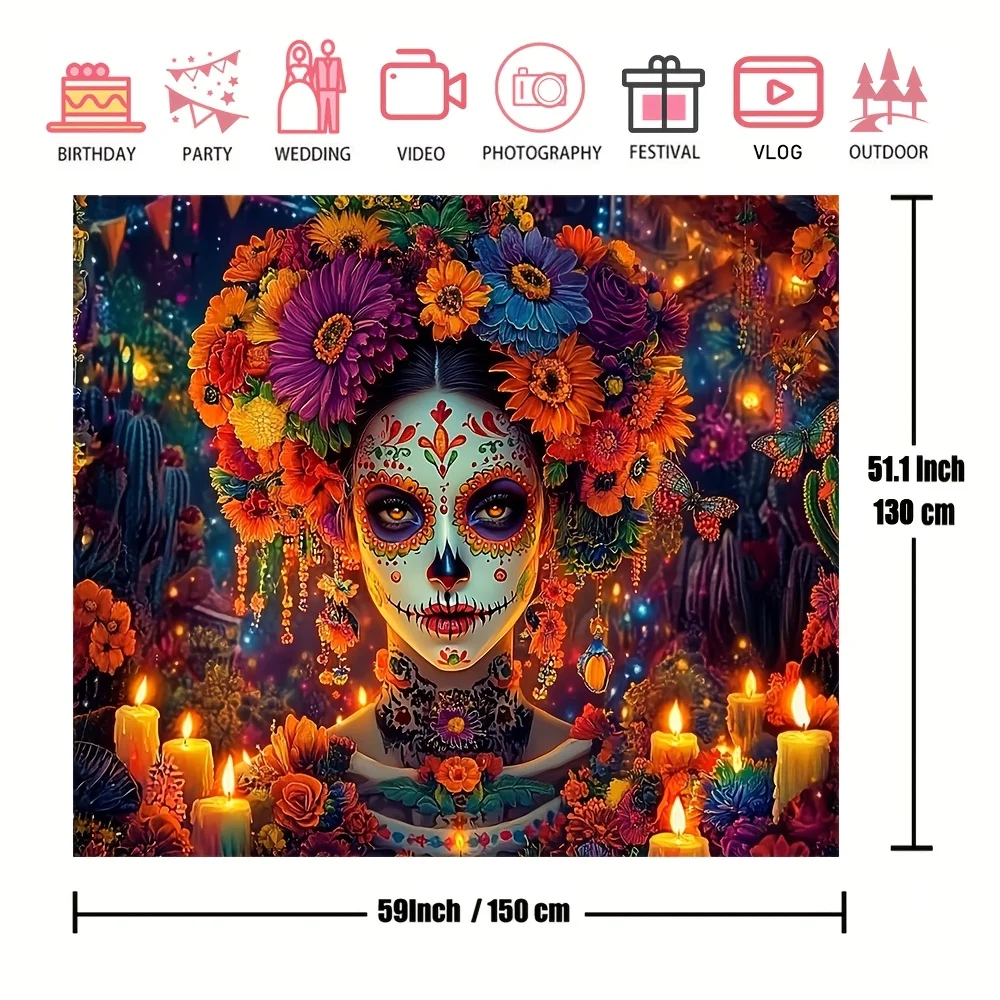 1 ديكور حائط يوم الموتى بألوان زاهية، مناسب لخلفيات حفلات العطلات المكسيكية، دعائم كشك الصور #6