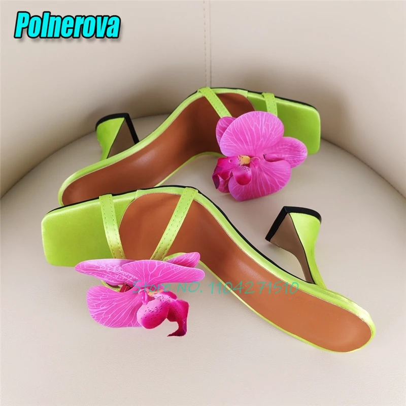 

Flower Wine Glass Heels Women's Slippers Luxury Green Satin Square Toe High Heels Summer New Elegant Banquet Party Runway Shoes