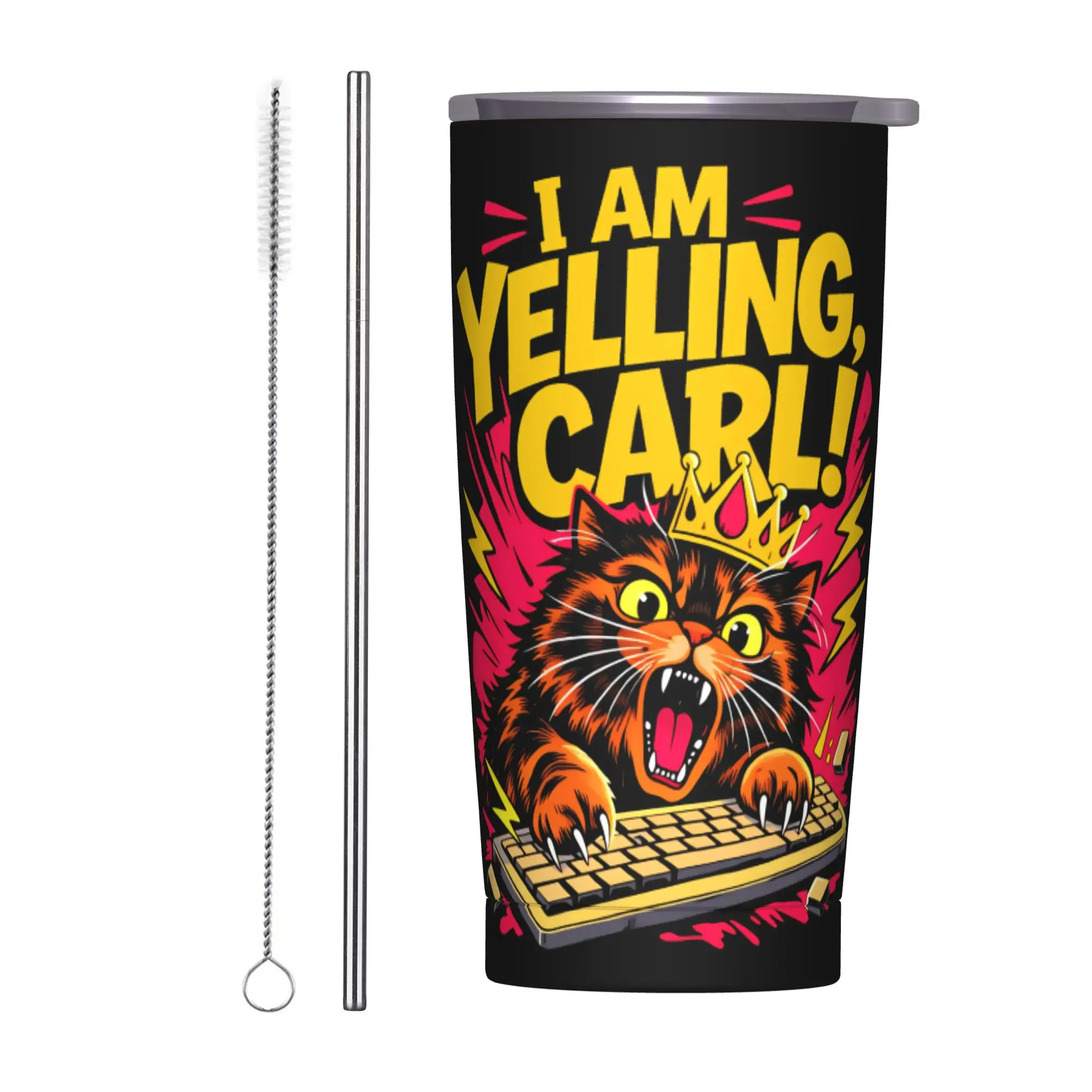 I Am Yelling Carl Donut Cat Meme Stainless Steel Tumbler With Straws  Beach Thermal Cups 20oz Cold Drink Water Bottle