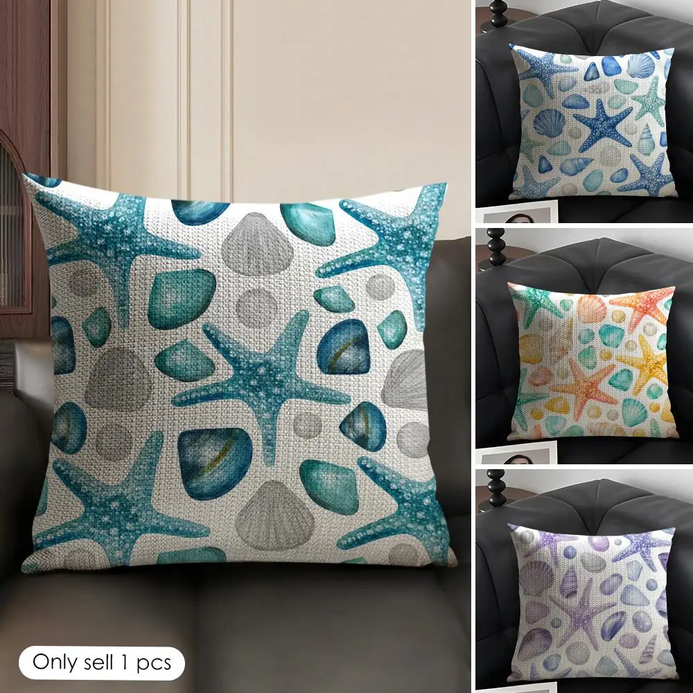 Large Starfish Shell Print Cushion Cover Linen Organic Fabric Double-Sided Printing Sofa Breathable Home Decor Gift Pillow Case