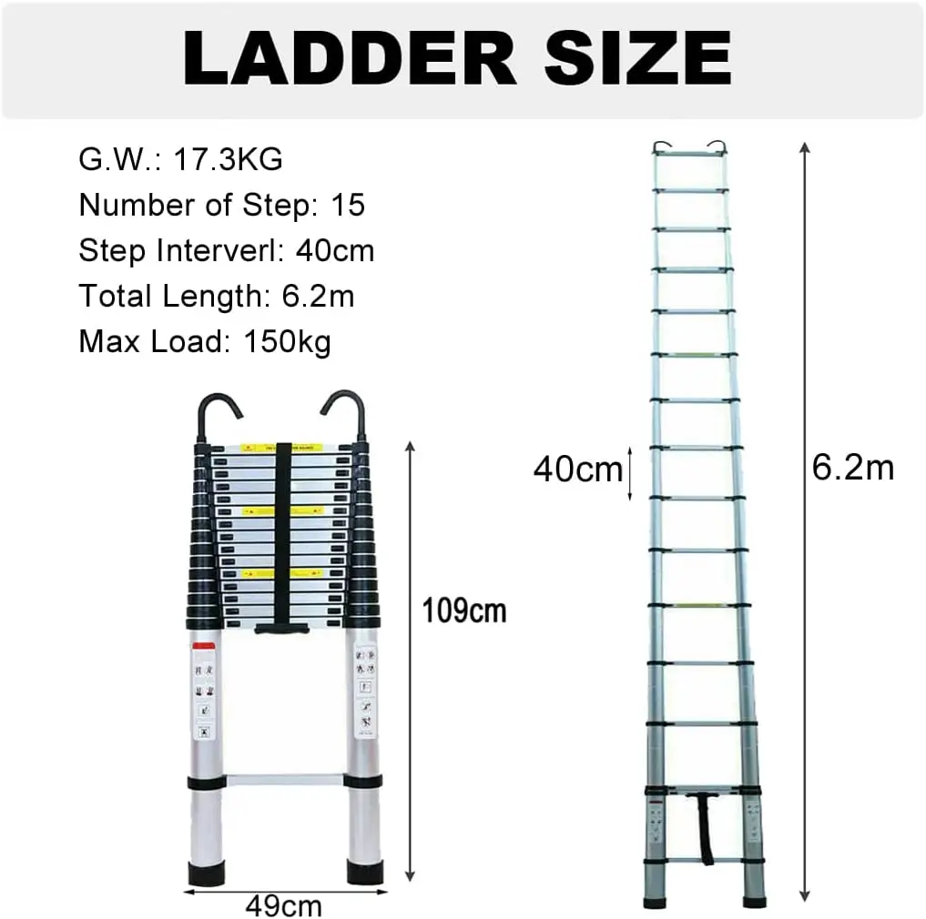 DayPlus Telescopic Ladder 6.2M/20.3FT W/Detachable Hooks&Extendable Steps,Folding Tall Loft CollapsibleLadder with Non-Slip Feet