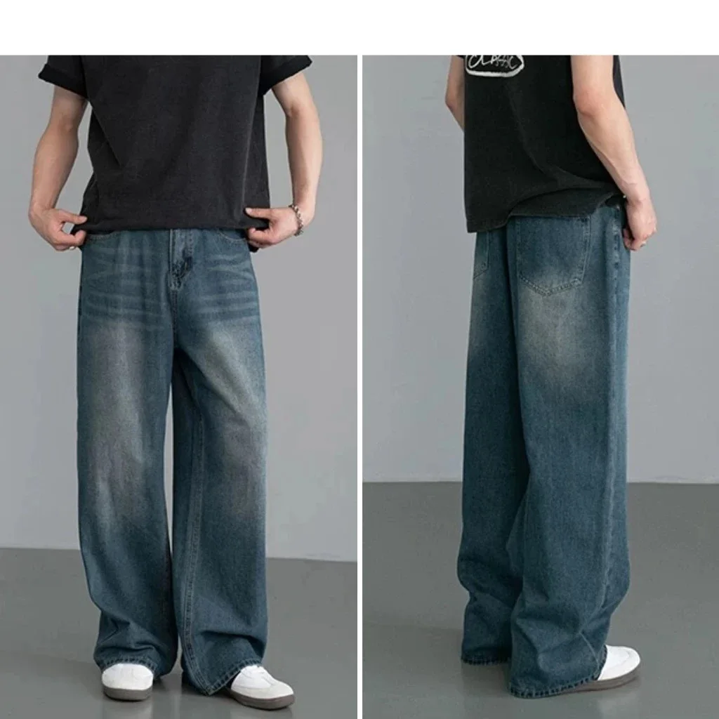 Autumn and winter men's solid color distressed wide leg jeans loose denim pants casual pants street wear men's style