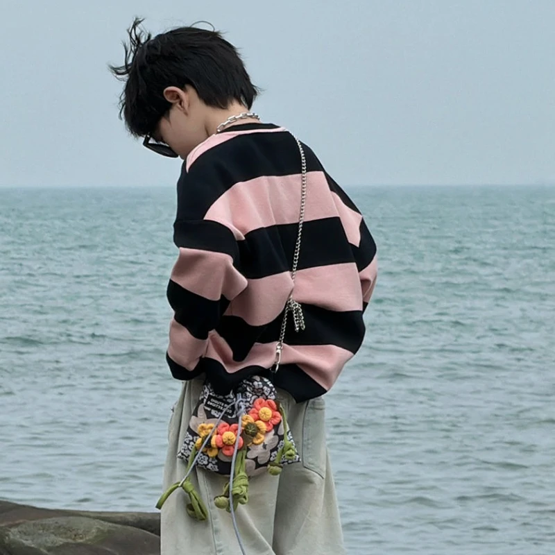 

Повседневная верхняя одежда в полоску для детей и мальчиков, весенне-осенняя корейская детская одежда, футболка 2025 года, футболка для мальчиков от 8 до 12 лет