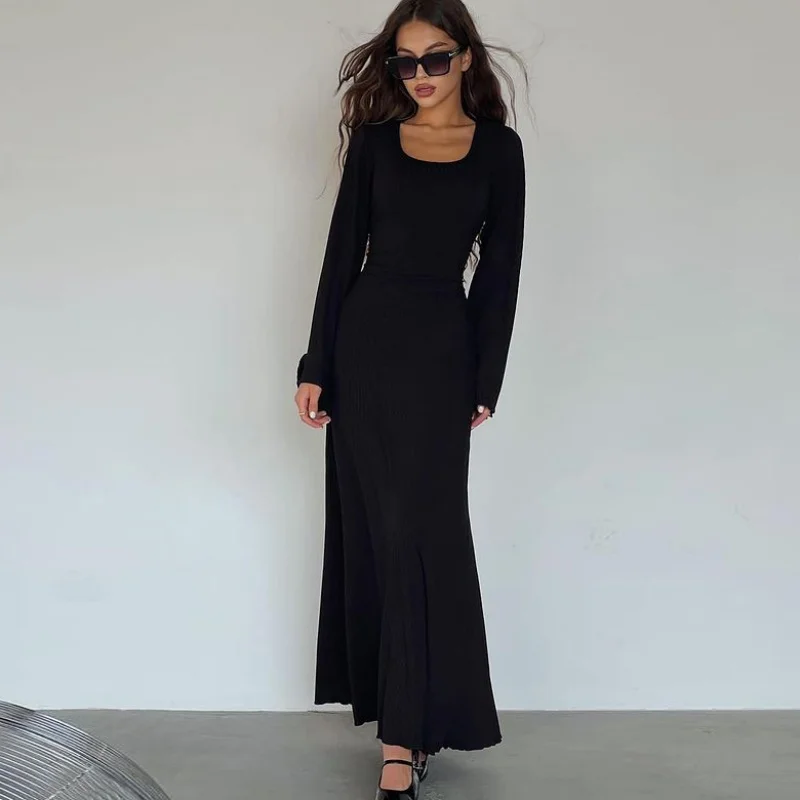 Sexy Long Sleeve Women Dress Fashion Square Neck Slim Fit Casual Y2k Elegant Party Club Dresses Black Knitted Evening Dress