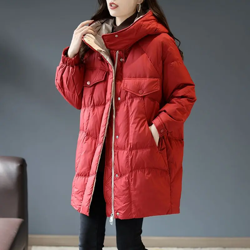 Sobretudo solto com capuz feminino, jaqueta feminina, Parkas de estilo médio, para roupas quentes, intensificação, novo, inverno