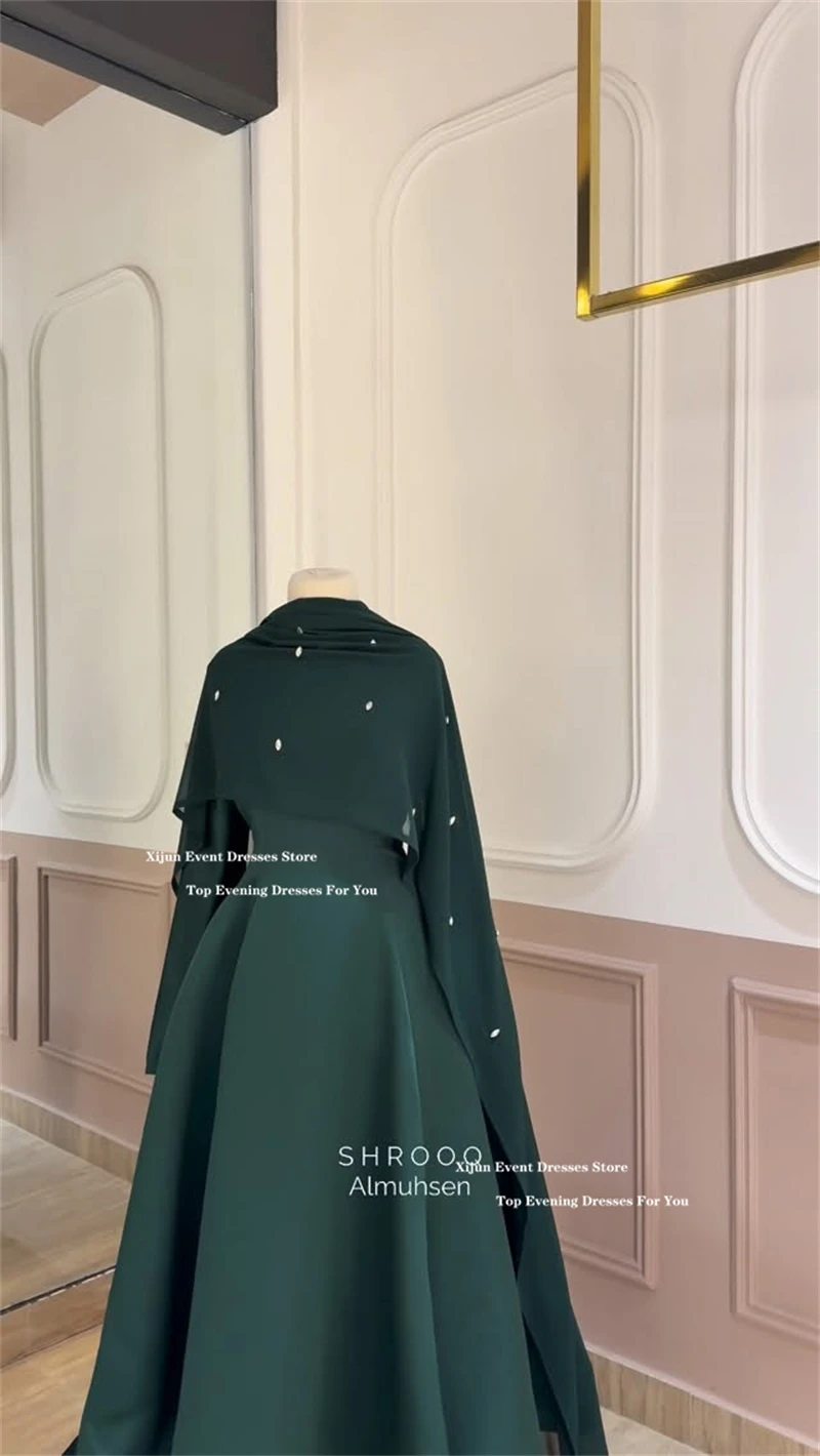 Xijun modesto verde cetim vestidos de noite capa a linha longo formal vestidos de baile contas ocasião vestidos de baile 2026 feminino personalizado