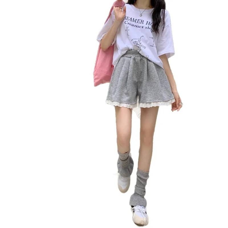Lace Gray Casual Pants Female Summer Elastic Waist Loose Shorts