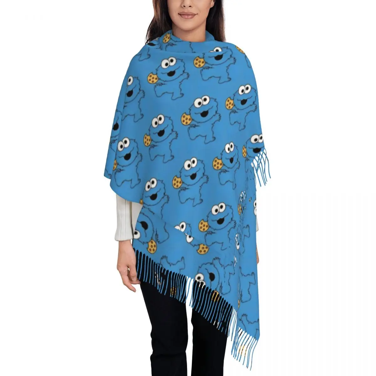 Cute S-Sesame Street Cookie Shawl Wraps for Women Winter Large Soft Scarf Cartoon Comedy Pashmina Tassel Scarves