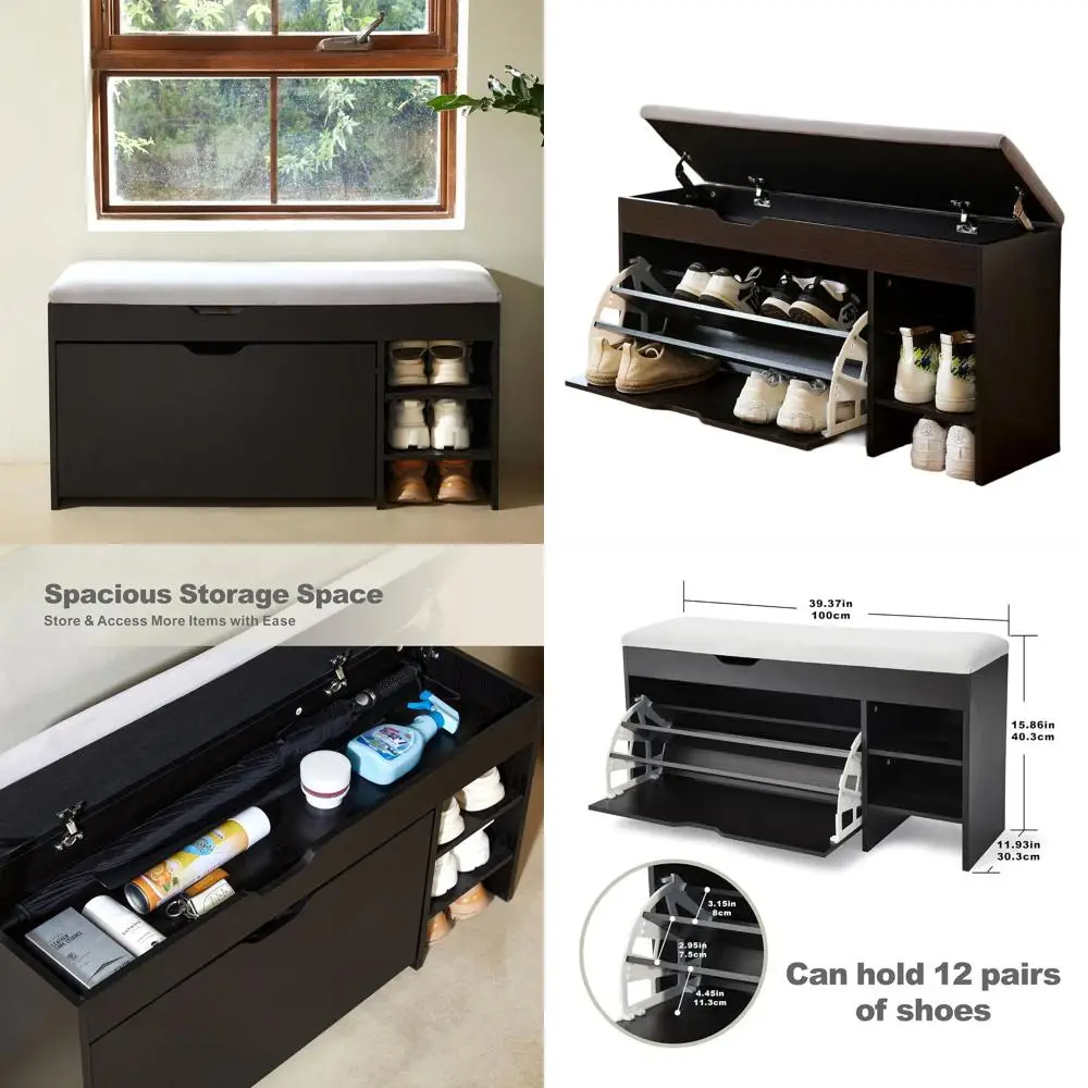 

Black 3-Tier Entryway Bench with Cushion, Flip Drawer, and Lift Top Storage for Shoes
