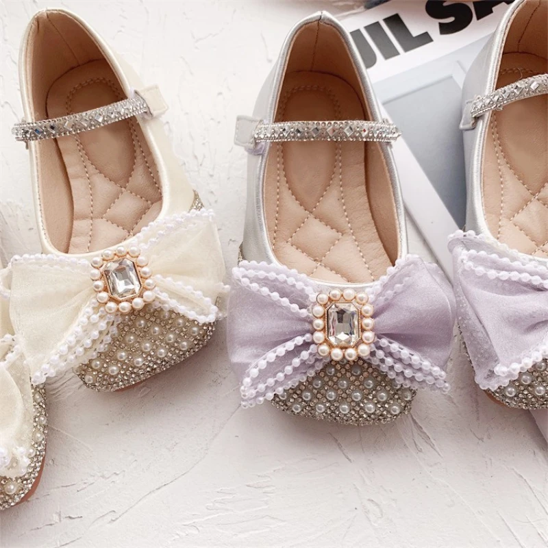 Children Girls\' Leather Shoes Rhinestone Bow Pearl Princess Girls Party Dance Shoes Single Flats Kids Performance Shoe