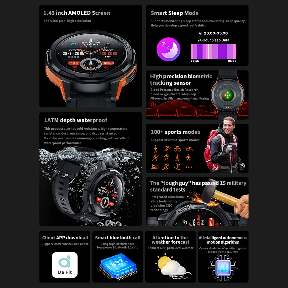 1.43 "AMOLED شاشة ساعة ذكية الرجال النساء C25 Smartwatch الرياضة في الهواء الطلق ساعة اليد مقاوم للماء ساعات المعصم المقتفي سوار الفرقة