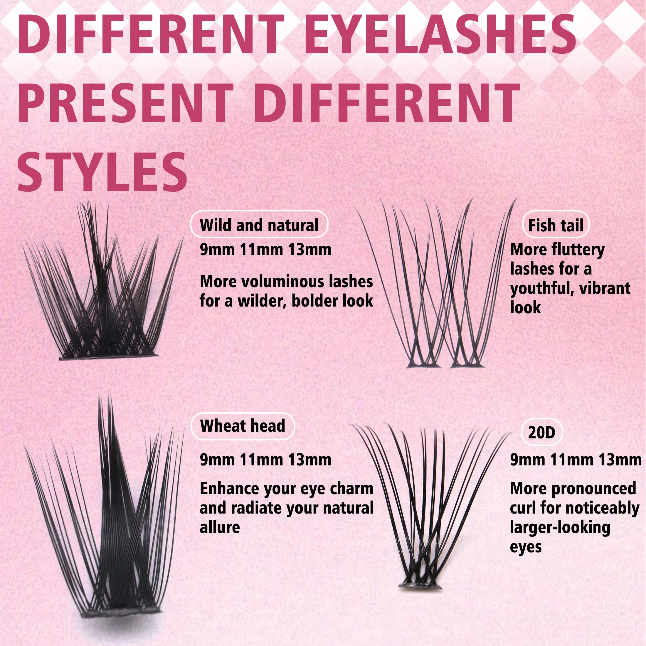 Juego de cuatro estilos diferentes de pestañas postizas, 9-13 mm de largo, con un juego completo de herramientas para pestañas