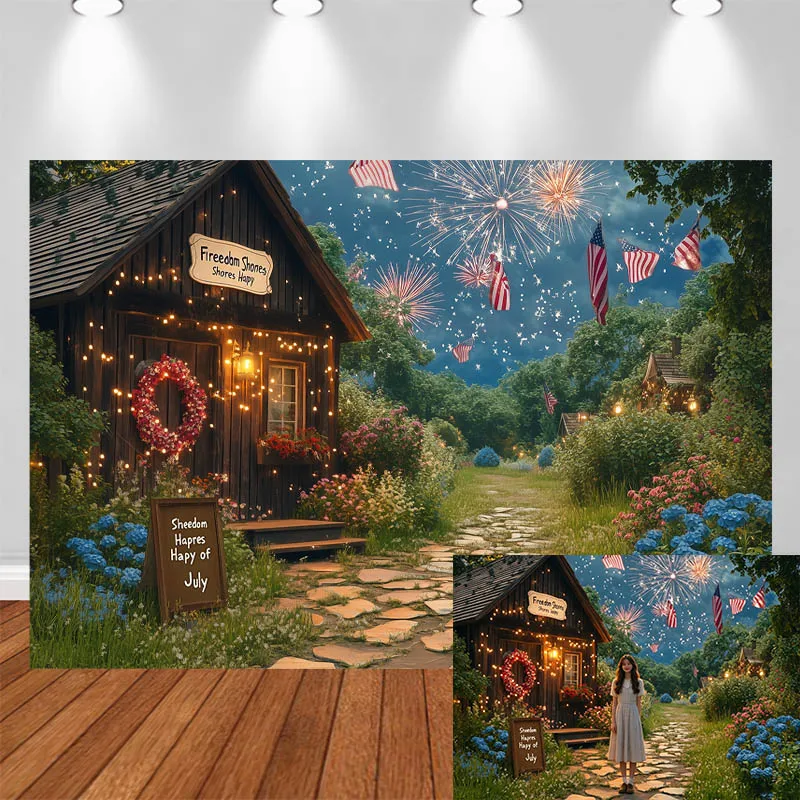 

LS Photography Background Independence Day Flag Log Cabin Forest Wreath Pathway Decor Adult Kids Portrait Photo Backdrop Studio