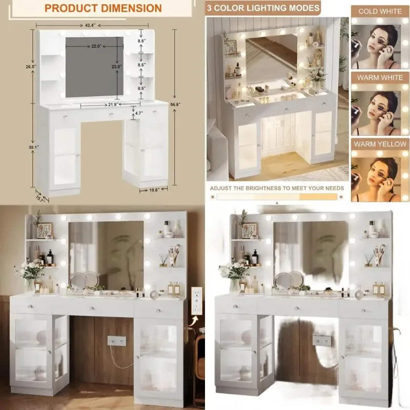Illuminated White Makeup Vanity Desk with Glass Top, Crystal Knobs, and Power Outlets