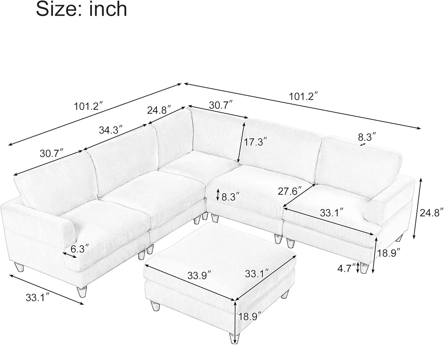 Combination Convertible Modular Sofa with Reversible Chaise,Corduroy Upholstery L-Shaped Corner Couch, Sleep Couches Sofabed