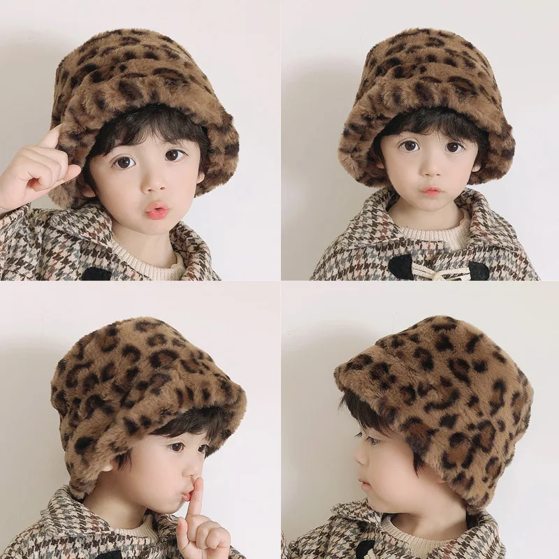 Korean Winter Baby Plush Bucket Hat Solid Faux Fur Warm Kids Fisherman Cap Cute Cartoon Leopard Print Warm Toddler  Hat for Kids