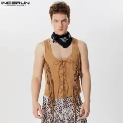 INCERUN Tops 2024 American Style Fashion Men's Front Middle Strap Design Vests Male Personality Patchwork Tassel Tank Tops S-5XL