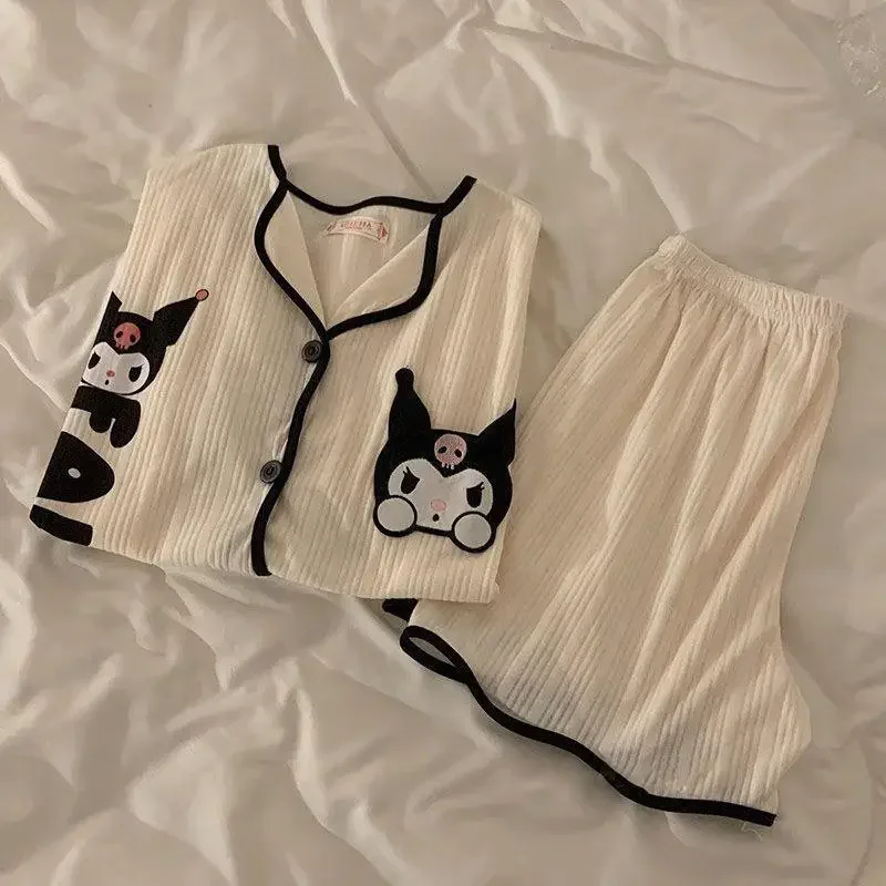 Anime Summer Sleepwear Kuromi My Melody Anime Doll Polyester Women Kawaii Girl Soft Short Sleeve Shorts Set Fashion Homewear