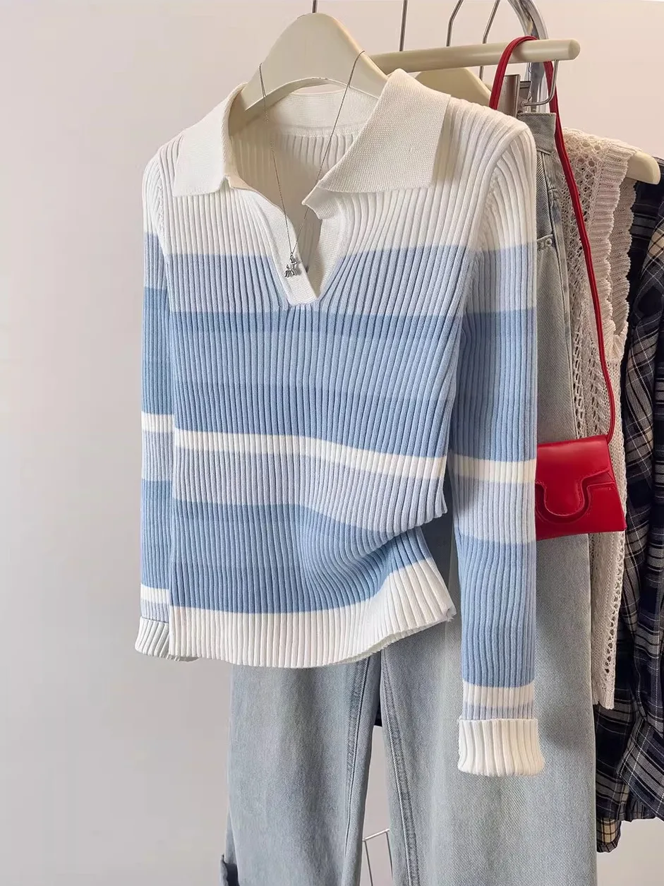 حجم كبير محبوك تي شيرت المرأة سليم صالح الداخلية irt عادية Sle طويل Sve مخطط طوق تي شيرت للتنقل الخريف #2