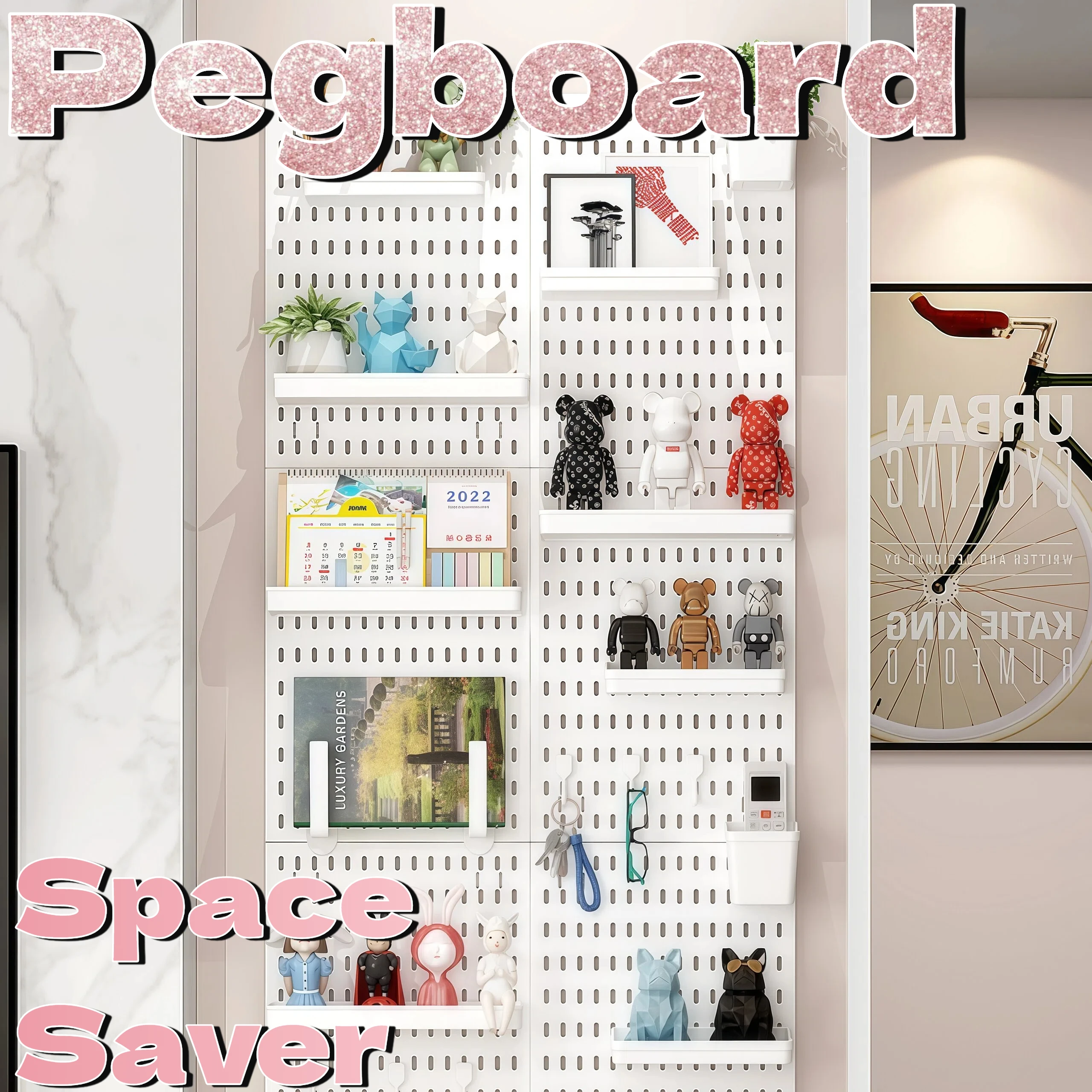 Bedroom Wall Pegboard Organizer PP Plastic, Hole Board with Pen Holder Tray Hooks for Desk Dresser Storage, Black White