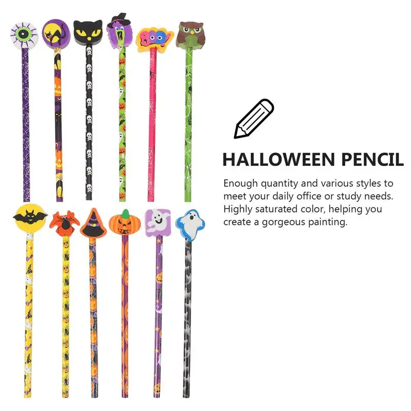 24Pcs Halloween Pencils Practical Children School Cartoon Wooden Drawing Painting Pencils Pencils with Erasers  (Random Color)