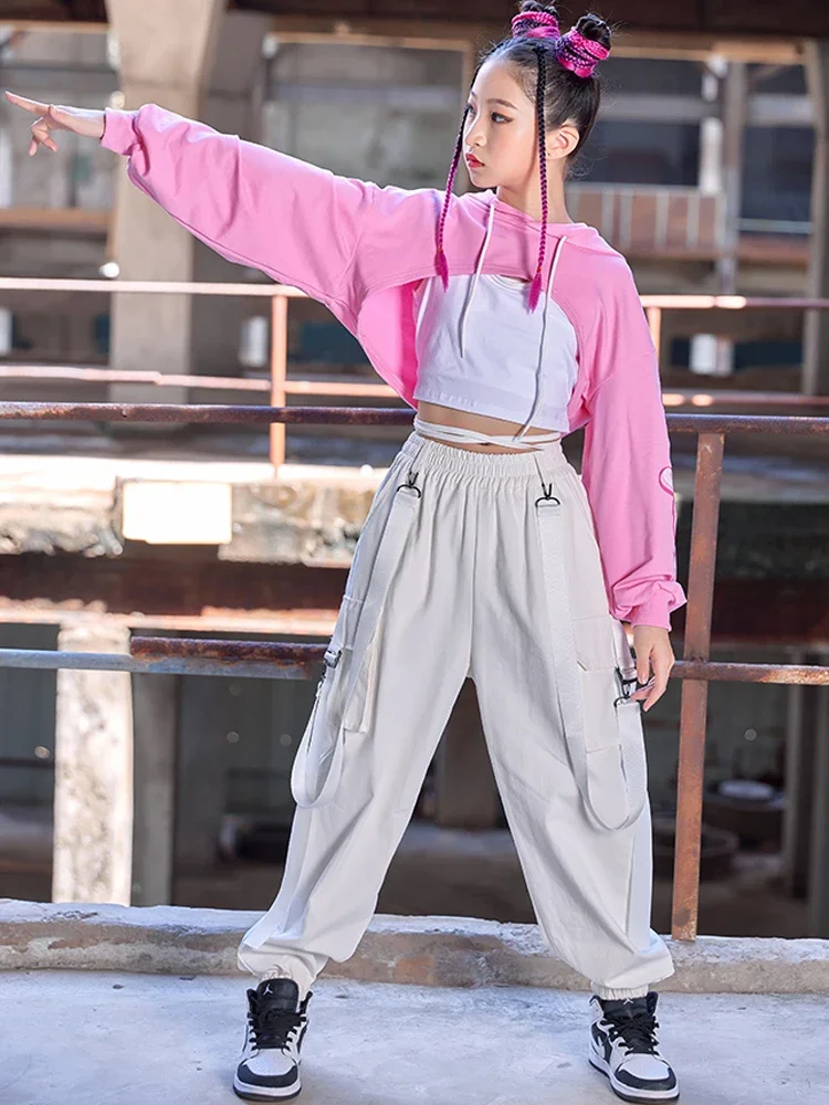 Cargo hose Kinder HipHop Performance Outfit Kpop Bühne tragen Mädchen Jazz Tanz Kleidung Hip Hop Kostüm Kapuze rosa Tops weiß