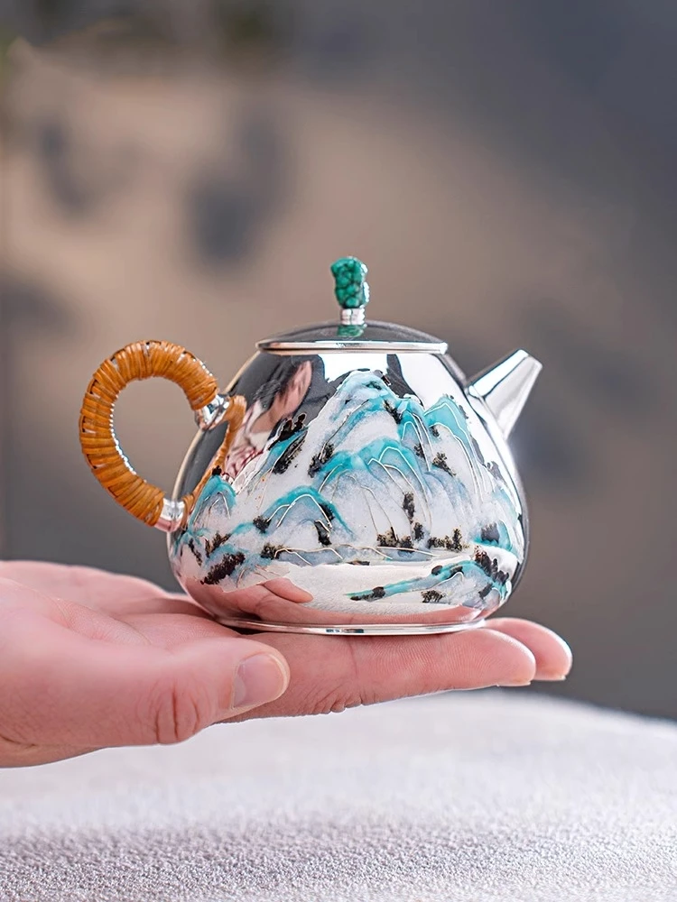 Pure Silver 99.9% Purity Tea Pot Seven Treasures Roasted Green Pine Mirror Silver Pot Jiangshan Pattern