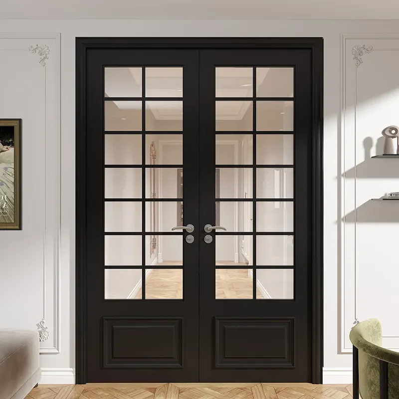 Custom Glass Wooden French Door Black Retro Light Luxury Villa Entrance Door Windshield Design for Home Interior Decor