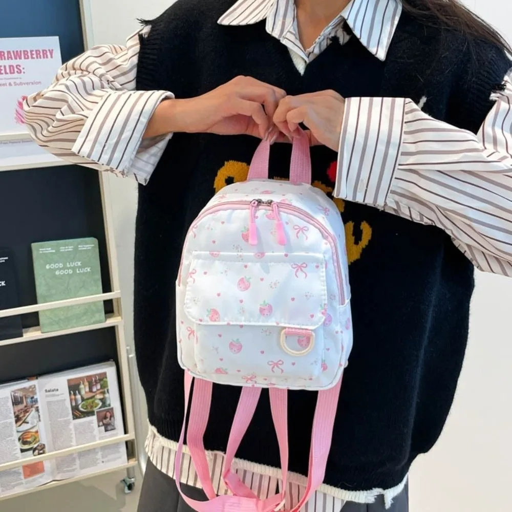 Kawaii Lightweight Mini Backpack Strawberry Nylon Bowknot Printed Bag Polyester Simple Daypack Girls