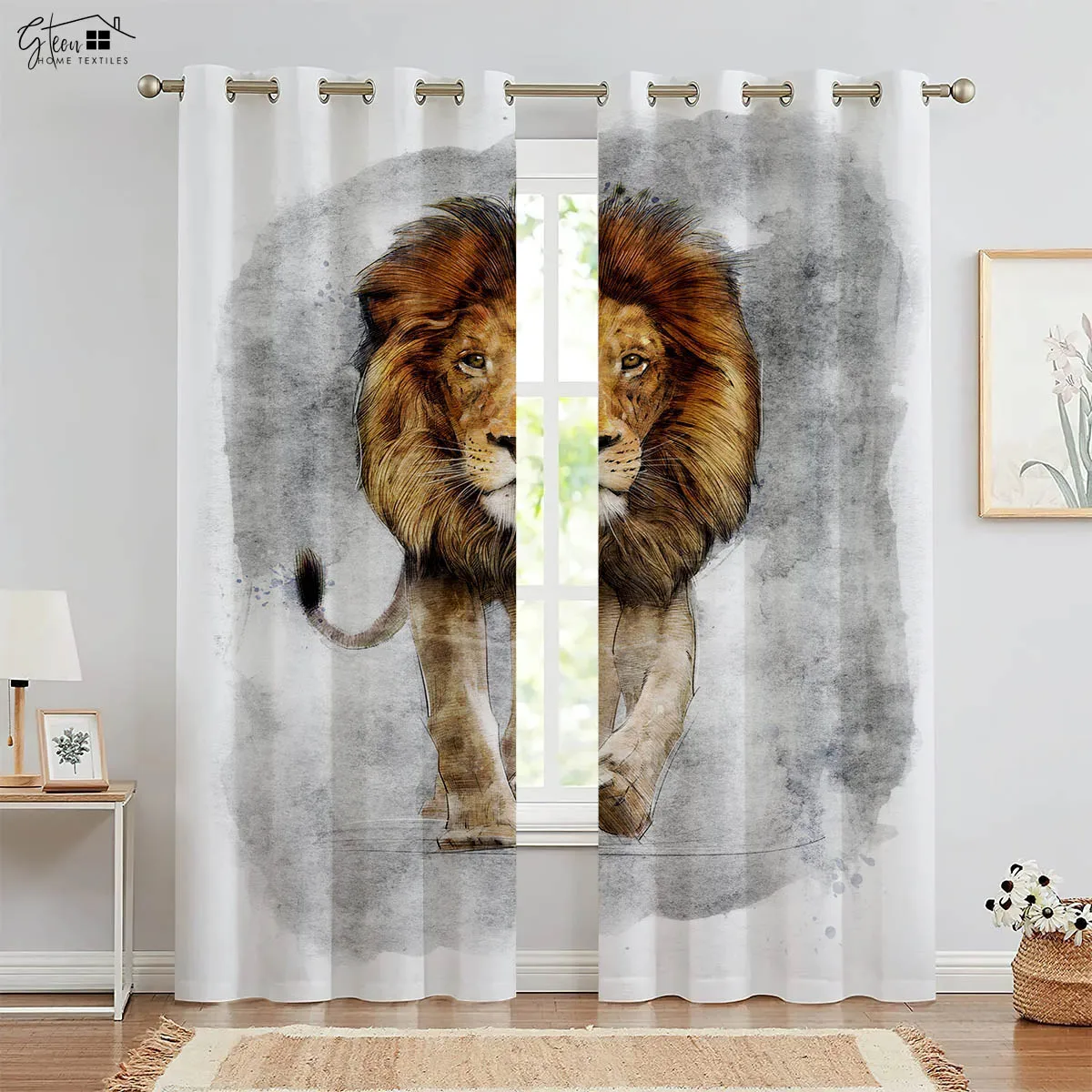 Animal Lion Print Curtains Grass River Cute Hand-Painted Boys Ins Bedroom Living Room Children's Room Decorative Curtains 2PCS