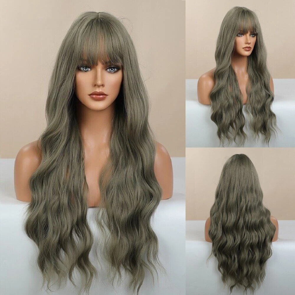 

Long Wavy Olive Green Synthetic For Women Wigs With Bangs Daily Cos