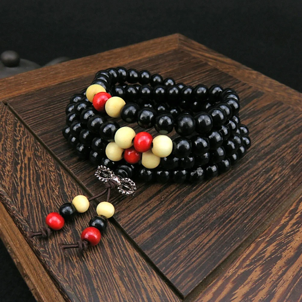 3 Pcs Wooden Beads Prayer Bracelet 108 Beads Hand Chain Rosewood Elastic String Adjustable Size Religious Symbol