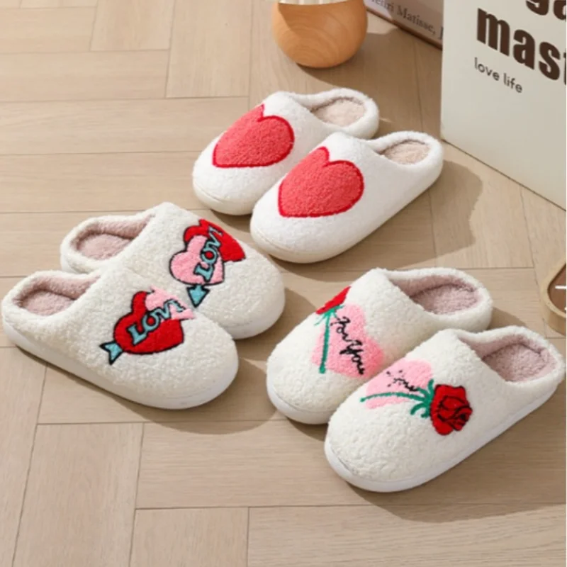 

Womens House Slipper Female Love heart Winter Warm Kawaii Cartoon Plush Contton Indoor Non Slip Cute Fuzzy Home Floor Shoes