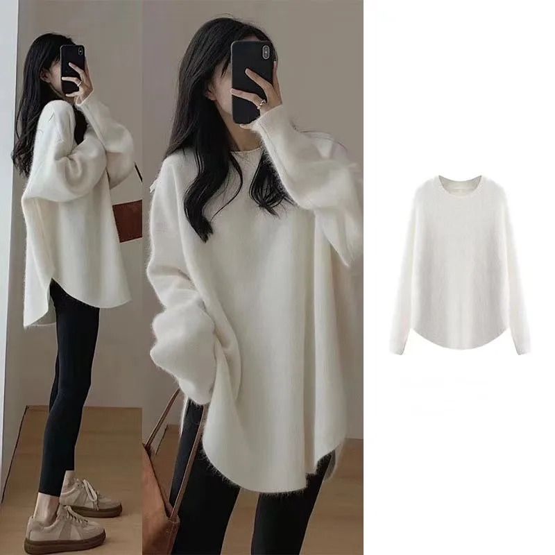 Loose Large Size Cashmere Sweater Women Korean Mid Length 100% Pure Merino Wool Knitted French Pullover Autumn and Winter Jumper