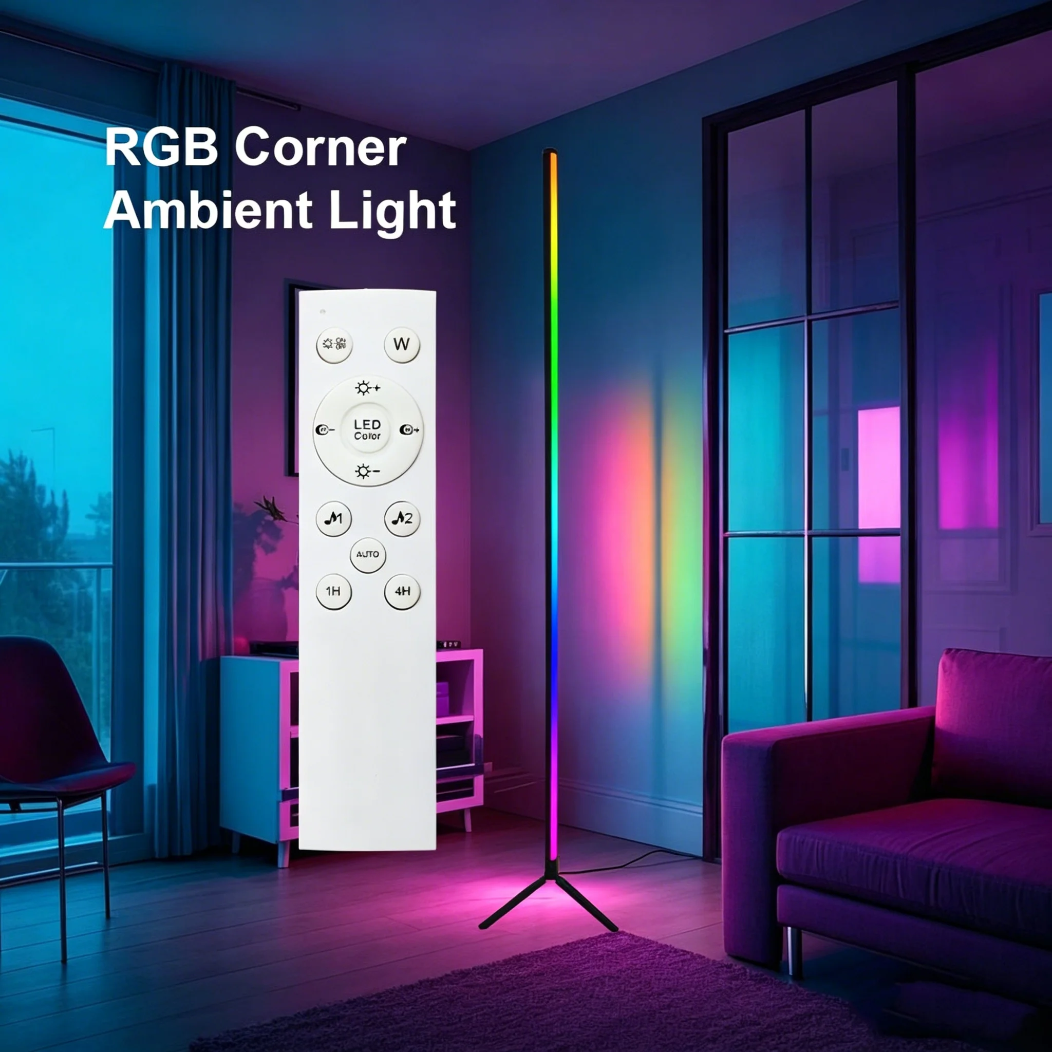 Gaming Rgb Corner Floor Lamp with Plastic Body and Tripod Stand, Led Ambient Light, App Music Sync, Dynamic Rhythm Color Changing Standing Lamp for Gaming Room, Bedroom, and Corner Decoration