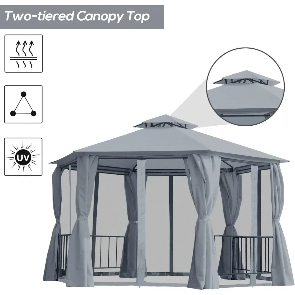 Dosel hexagonal de doble techo para exteriores, refugio de Gazebo con Red y cortinas, marco de acero sólido, 13 'X 13'