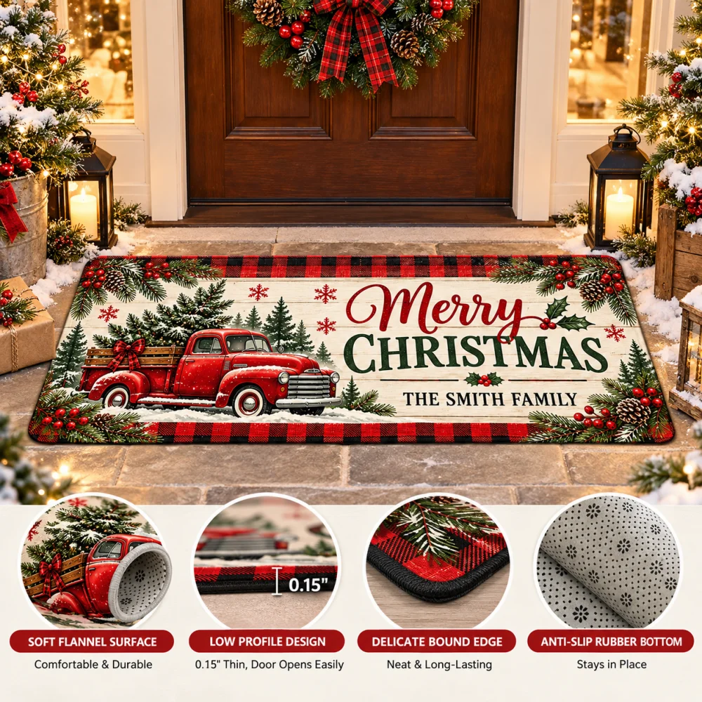 Christmas Personalised Welcome Floor Mat Custom Name Flannel Non Slip Rug Vintage Red Truck Design Entryway Indoor Xmas Decor