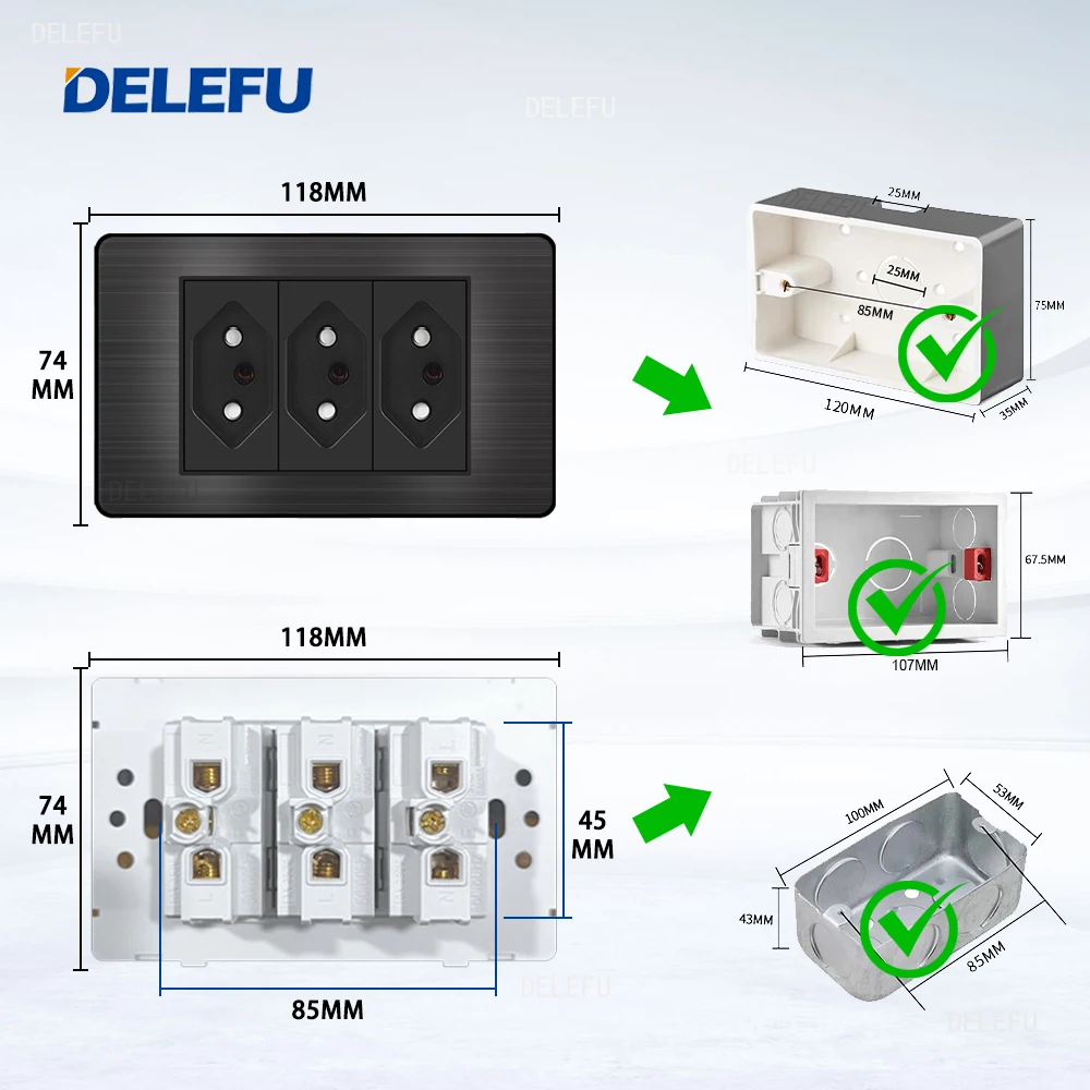 DELEFU- Stainless steel black panel series Brazil standard switch 10A socket Computer USB Type C wall power socket