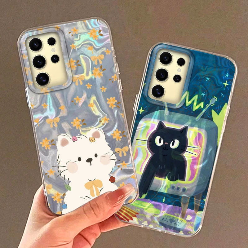 Funda de teléfono con lazo de pez y gato negro para Samsung Galaxy S21 S22 S23 S24 S25 Plus FE, Funda de TPU ultrasuave para niñas